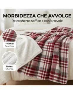 Plaid Coperta Scozzese Matrimoniale 210x230 Bianco Bordeaux con Sherpa, 100% Poliestere, Copriletto Divano