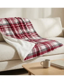 Plaid Coperta Scozzese Matrimoniale 210x230 Bianco Bordeaux con Sherpa, 100% Poliestere, Copriletto Divano