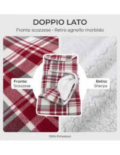 Plaid Coperta Scozzese Matrimoniale 210x230 Bianco Bordeaux con Sherpa, 100% Poliestere, Copriletto Divano