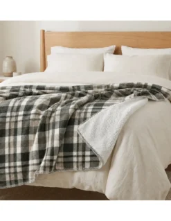 Plaid Coperta Scozzese Matrimoniale 210x230 Grigio Tortora con Sherpa, 100% Poliestere, Copriletto Divano
