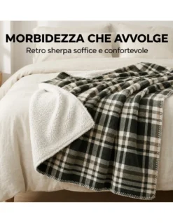 Plaid Coperta Scozzese Matrimoniale 210x230 Grigio Tortora con Sherpa, 100% Poliestere, Copriletto Divano