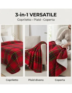 Plaid Coperta Scozzese Matrimoniale 210x230 Rosso con Sherpa, 100% Poliestere, Copriletto Divano