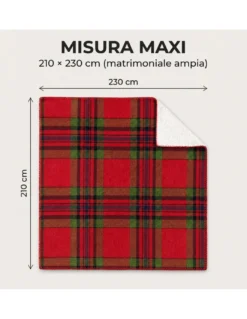 Plaid Coperta Scozzese Matrimoniale 210x230 Rosso con Sherpa, 100% Poliestere, Copriletto Divano