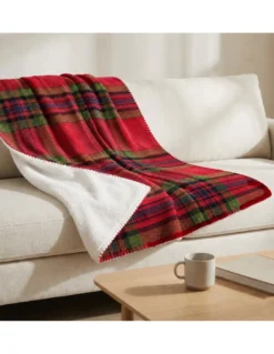 Plaid Coperta Scozzese Matrimoniale 210x230 Rosso con Sherpa, 100% Poliestere, Copriletto Divano