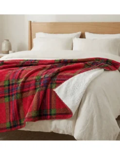 Plaid Coperta Scozzese Matrimoniale 210x230 Rosso con Sherpa, 100% Poliestere, Copriletto Divano