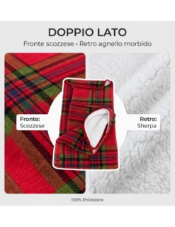 Plaid Coperta Scozzese Matrimoniale 210x230 Rosso con Sherpa, 100% Poliestere, Copriletto Divano