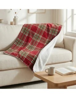 Plaid Coperta Scozzese Matrimoniale 210x230 - Doppio Lato Sherpa Agnello - Rosso Verde Morbido