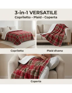 Plaid Coperta Scozzese Matrimoniale 210x230 - Doppio Lato Sherpa Agnello - Rosso Verde Morbido
