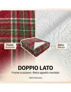 Plaid Coperta Scozzese Matrimoniale 210x230 - Doppio Lato Sherpa Agnello - Rosso Verde Morbido