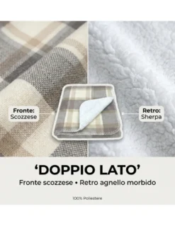 Plaid Coperta Scozzese Matrimoniale 210x230 - Doppio Lato Sherpa Agnello - Beige Tortora Morbido