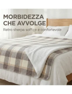Plaid Coperta Scozzese Matrimoniale 210x230 - Doppio Lato Sherpa Agnello - Beige Tortora Morbido