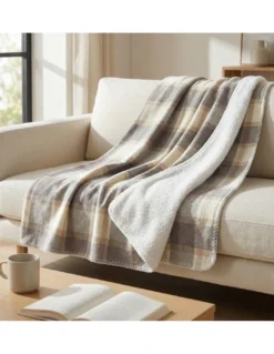 Plaid Coperta Scozzese Matrimoniale 210x230 - Doppio Lato Sherpa Agnello - Beige Tortora Morbido