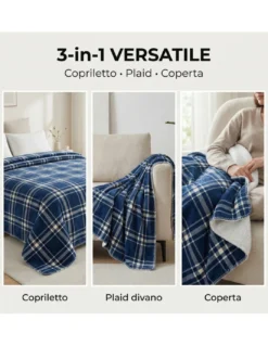 Plaid Coperta Scozzese Matrimoniale 210x230 - Doppio Lato Sherpa Agnello - Blu Bianco Morbido - Copriletto Plaid Divano