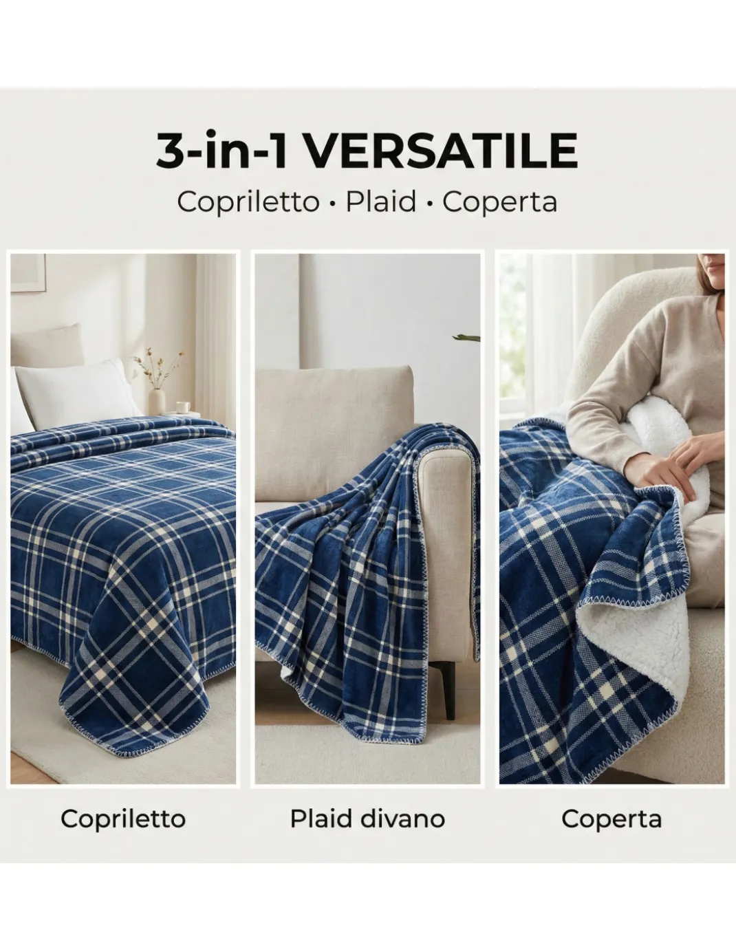 Plaid Coperta Scozzese Matrimoniale 210x230 - Doppio Lato Sherpa Agnello - Blu Bianco Morbido - Copriletto Plaid Divano