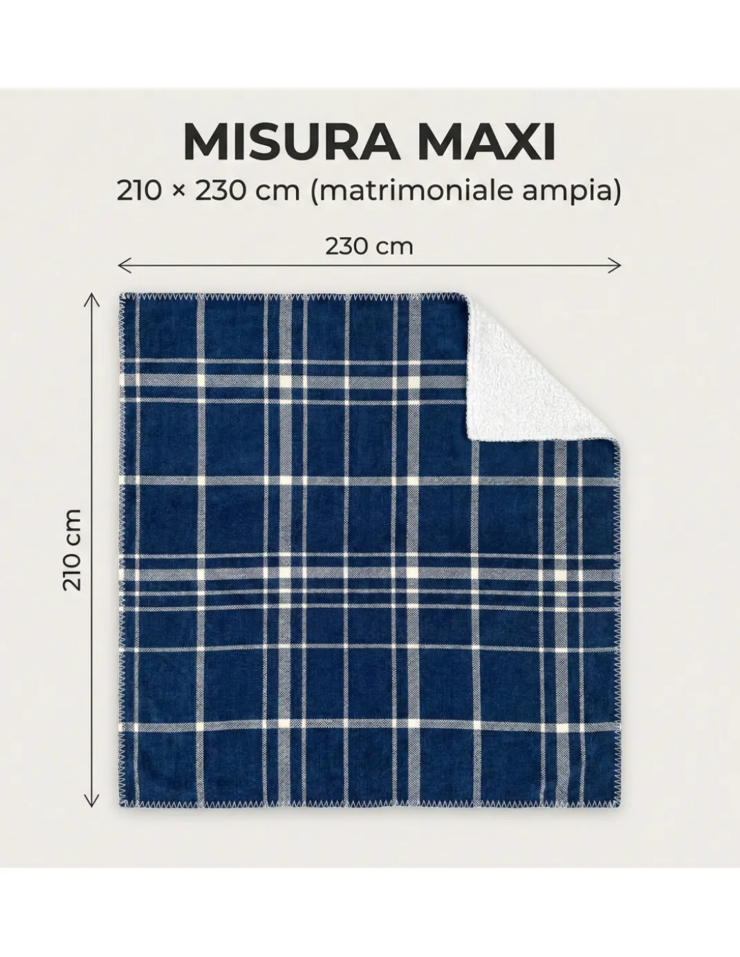 Plaid Coperta Scozzese Matrimoniale 210x230 - Doppio Lato Sherpa Agnello - Blu Bianco Morbido - Copriletto Plaid Divano