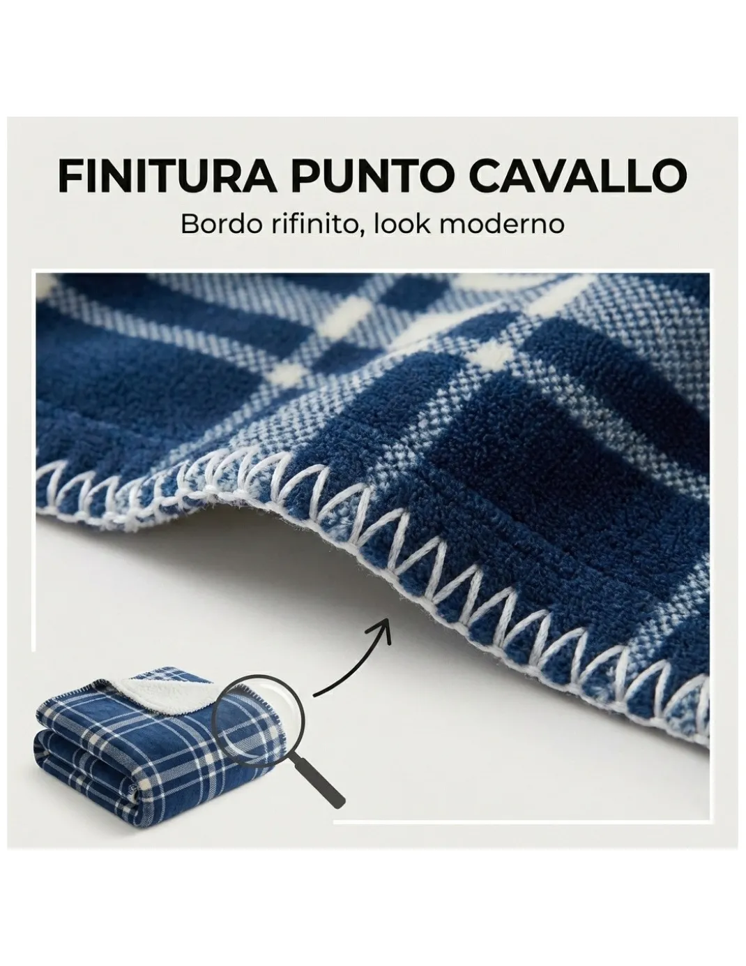 Plaid Coperta Scozzese Matrimoniale 210x230 - Doppio Lato Sherpa Agnello - Blu Bianco Morbido - Copriletto Plaid Divano
