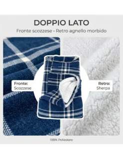 Plaid Coperta Scozzese Matrimoniale 210x230 - Doppio Lato Sherpa Agnello - Blu Bianco Morbido - Copriletto Plaid Divano