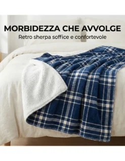 Plaid Coperta Scozzese Matrimoniale 210x230 - Doppio Lato Sherpa Agnello - Blu Bianco Morbido - Copriletto Plaid Divano