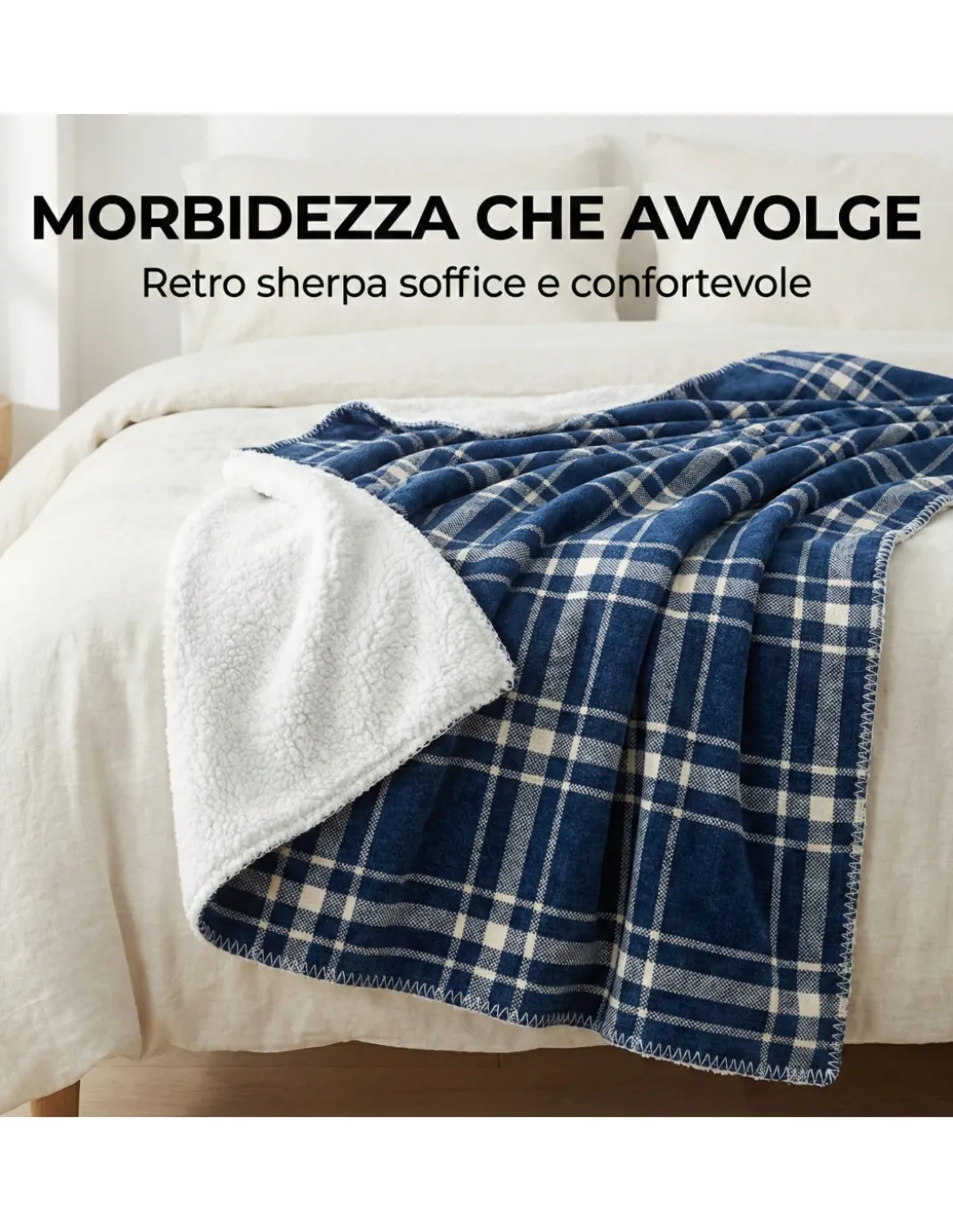 Plaid Coperta Scozzese Matrimoniale 210x230 - Doppio Lato Sherpa Agnello - Blu Bianco Morbido - Copriletto Plaid Divano