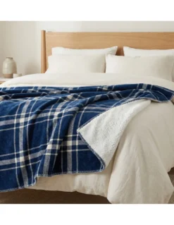 Plaid Coperta Scozzese Matrimoniale 210x230 - Doppio Lato Sherpa Agnello - Blu Bianco Morbido - Copriletto Plaid Divano