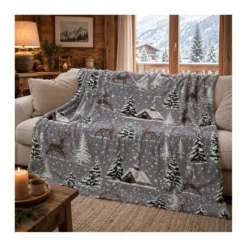 Plaid Effetto Lana Cotta Jacquard 140x170 cm Cervo e Neve, 100% Poliestere