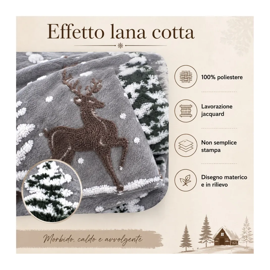 Plaid Effetto Lana Cotta Jacquard 140x170 cm Cervo e Neve, 100% Poliestere