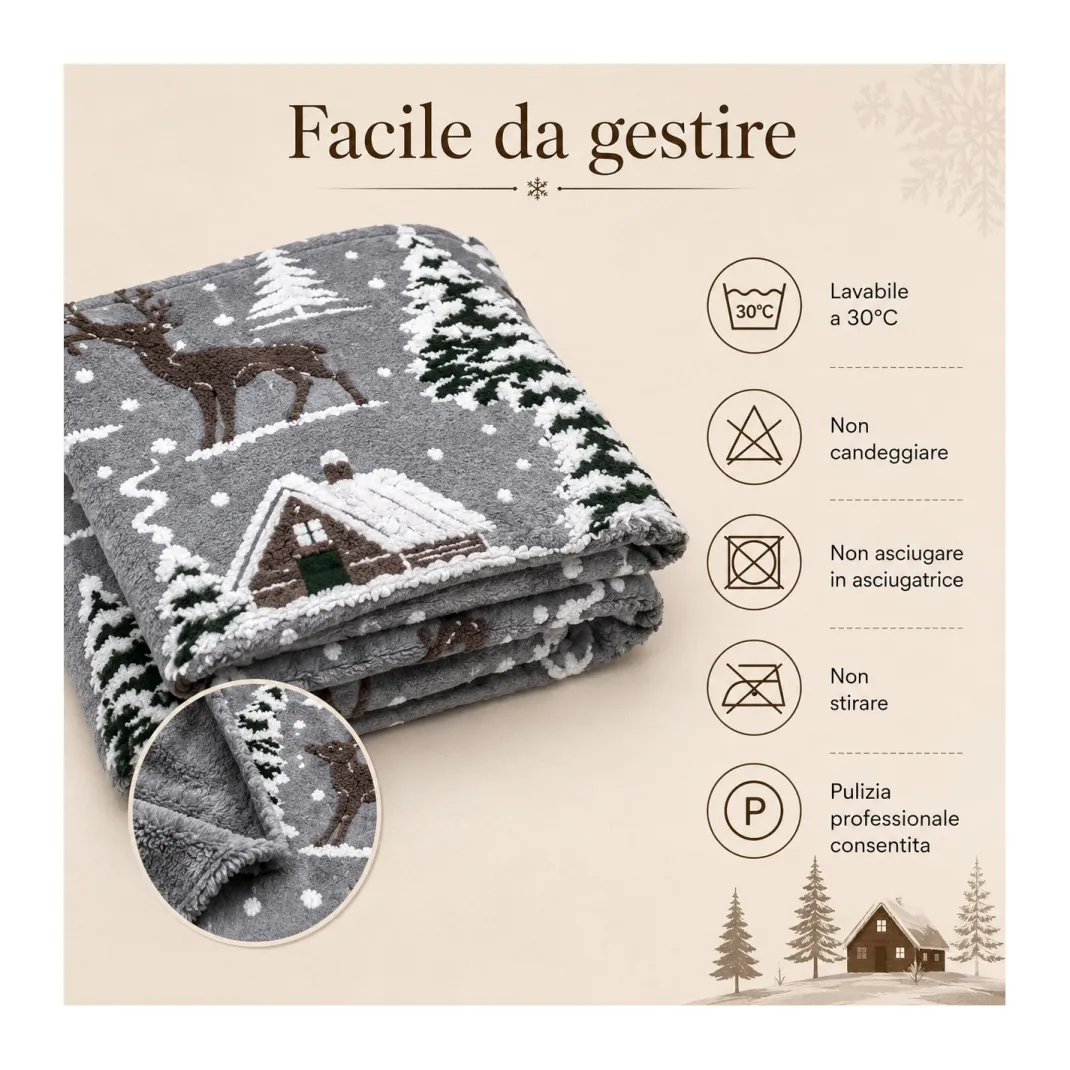 Plaid Effetto Lana Cotta Jacquard 140x170 cm Cervo e Neve, 100% Poliestere