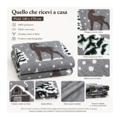 Plaid Effetto Lana Cotta Jacquard 140x170 cm Cervo e Neve, 100% Poliestere