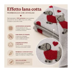 Plaid Effetto Lana Cotta Jacquard 140x170 cm Bassotti e Cuori, 100% Poliestere