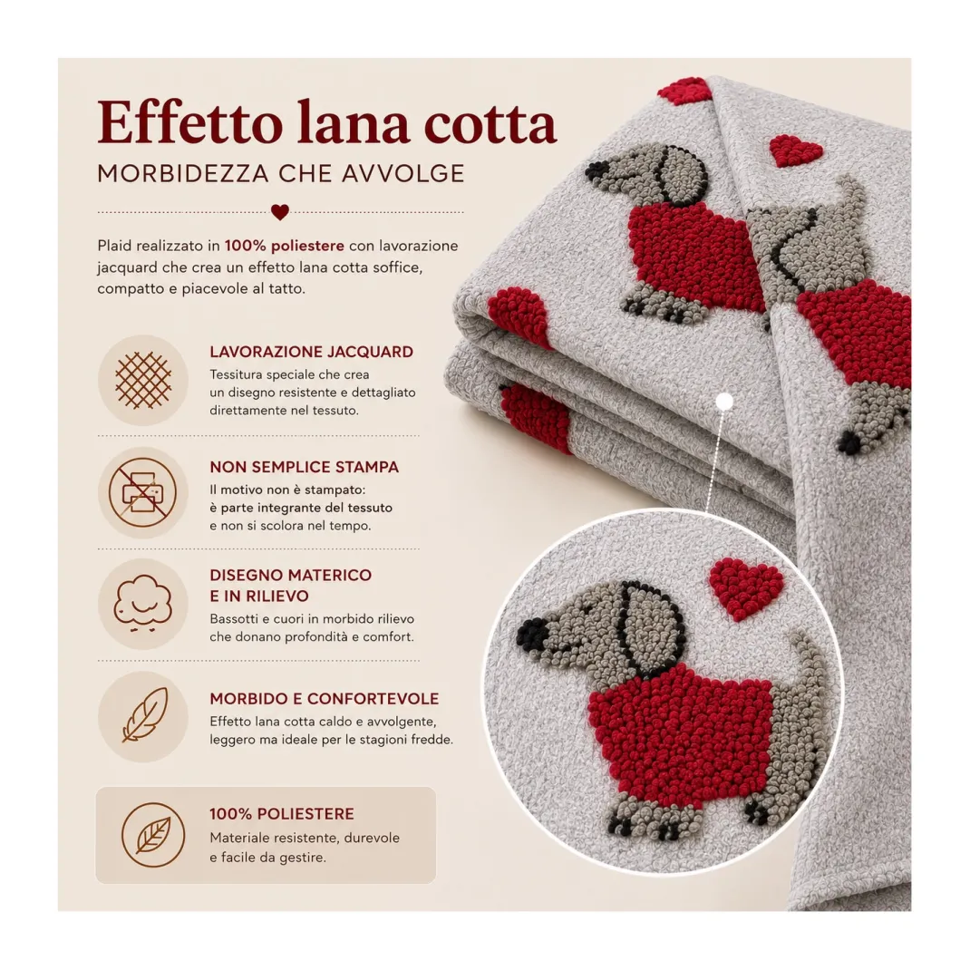 Plaid Effetto Lana Cotta Jacquard 140x170 cm Bassotti e Cuori, 100% Poliestere