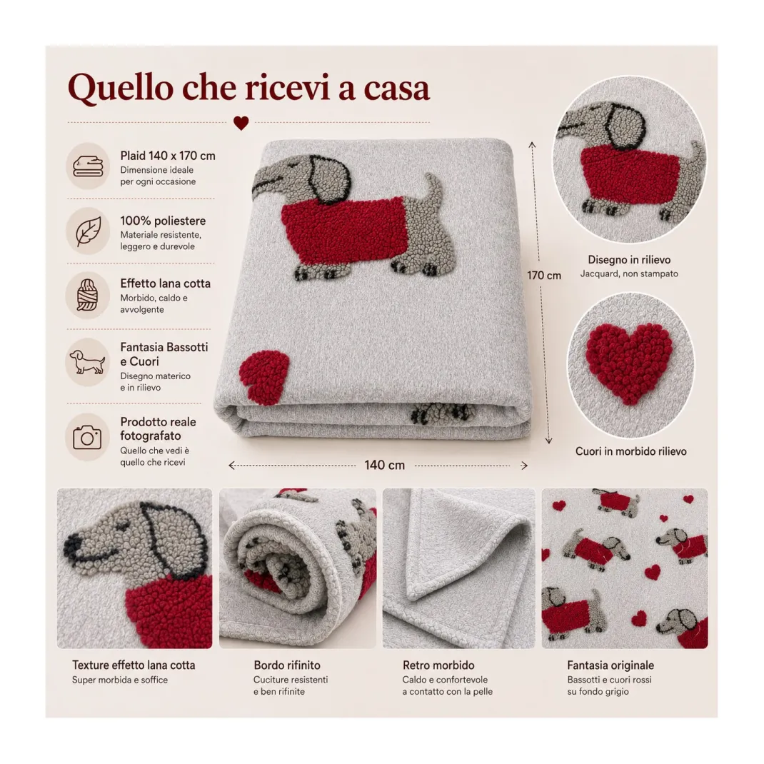 Plaid Effetto Lana Cotta Jacquard 140x170 cm Bassotti e Cuori, 100% Poliestere