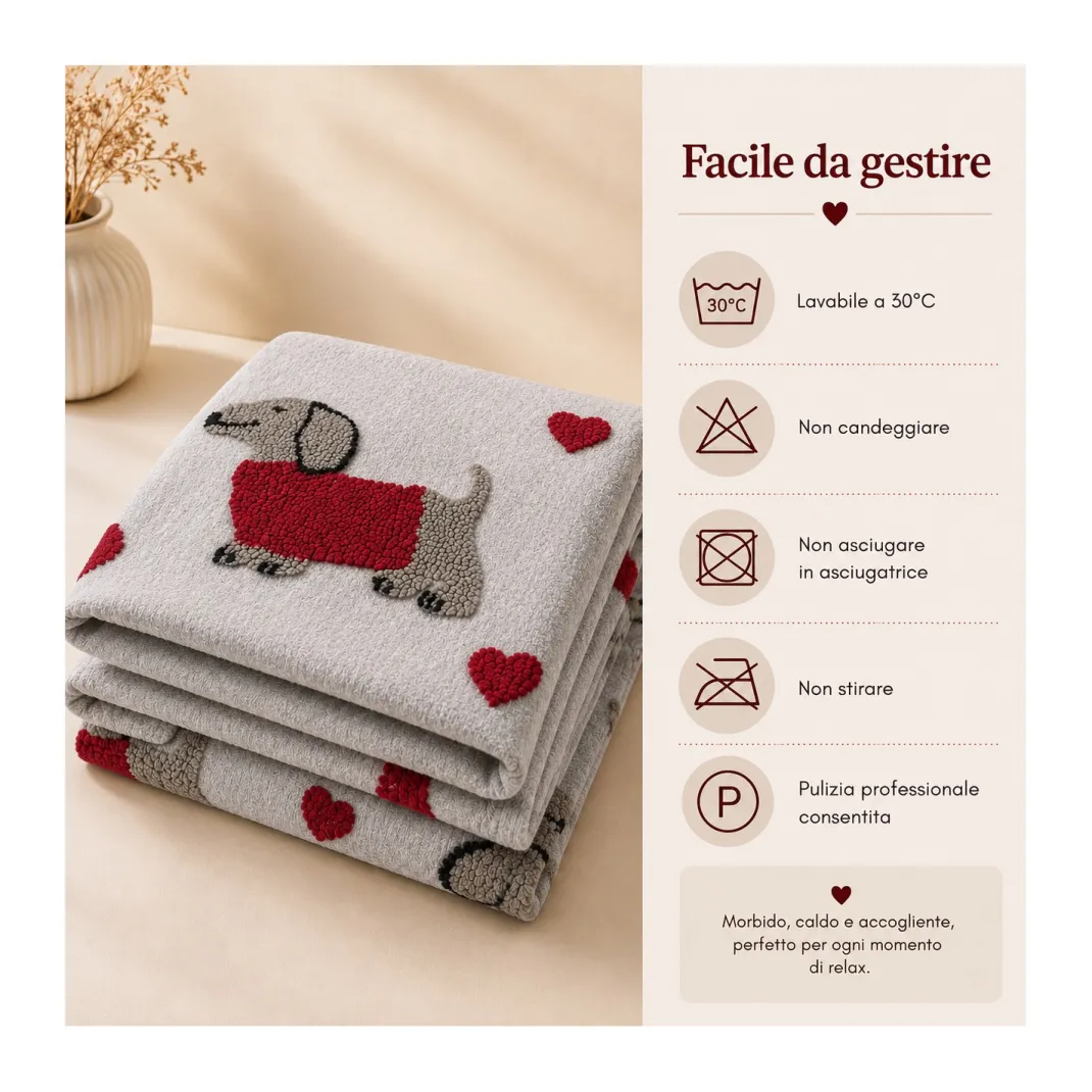 Plaid Effetto Lana Cotta Jacquard 140x170 cm Bassotti e Cuori, 100% Poliestere
