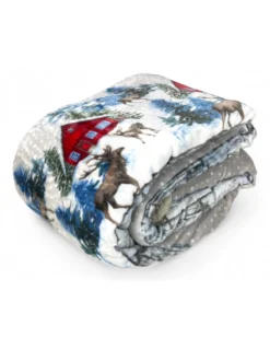 Plaid Sherpa Baita Alpina - Coperta Invernale Morbida Pile con Retro Agnellato - Cervi e Baite Innevate
