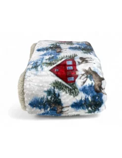 Plaid Sherpa Baita Alpina - Coperta Invernale Morbida Pile con Retro Agnellato - Cervi e Baite Innevate