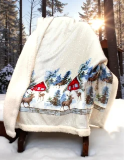 Plaid Sherpa Baita Alpina - Coperta Invernale Morbida Pile con Retro Agnellato - Cervi e Baite Innevate