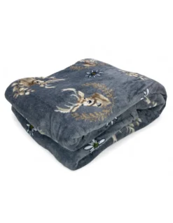 Plaid Sherpa Cervi Grigio – Coperta in Pile Morbido con Retro Agnellato – Stile Tirolese, Stampa Cervi e Stelle Alpine