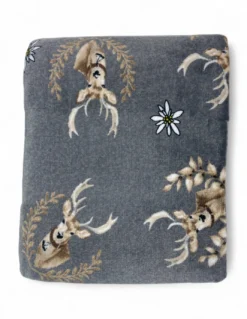 Plaid Sherpa Cervi Grigio – Coperta in Pile Morbido con Retro Agnellato – Stile Tirolese, Stampa Cervi e Stelle Alpine
