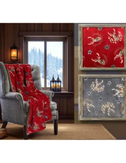 Plaid Sherpa Cervi Rosso – Coperta in Pile Agnellato Morbido Stile Tirolese – Retro Tortora, Stampa Cervo e Stelle Alpine