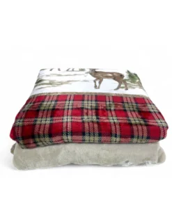 Plaid Sherpa Chalet – Coperta Invernale Morbida in Pile Agnellato Stile Tirolese – Stampa Cervi e Montagna, Retro Tortora