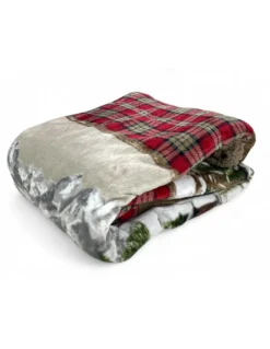Plaid Sherpa Chalet – Coperta Invernale Morbida in Pile Agnellato Stile Tirolese – Stampa Cervi e Montagna, Retro Tortora