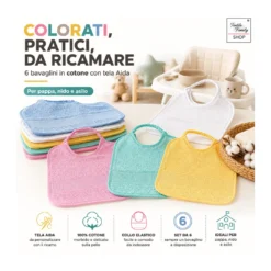 Ricama e Pappa Set 6 Bavaglini Colorati in Cotone con Tela Aida da Ricamare, Made in Italy