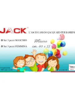 SET 3 ASCIUGAMANI ASILO bambino JACK © cm. 40x55 puro cotone MASCHIO