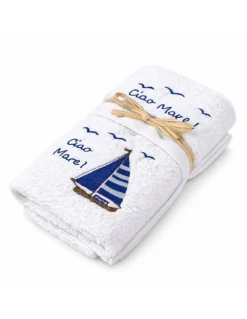 Set Asciugamani Bagno Bianco “Ciao Mare” in Spugna 100% Cotone, Ricamo Barca a Vela Blu, Made in Italy, Idea Regalo