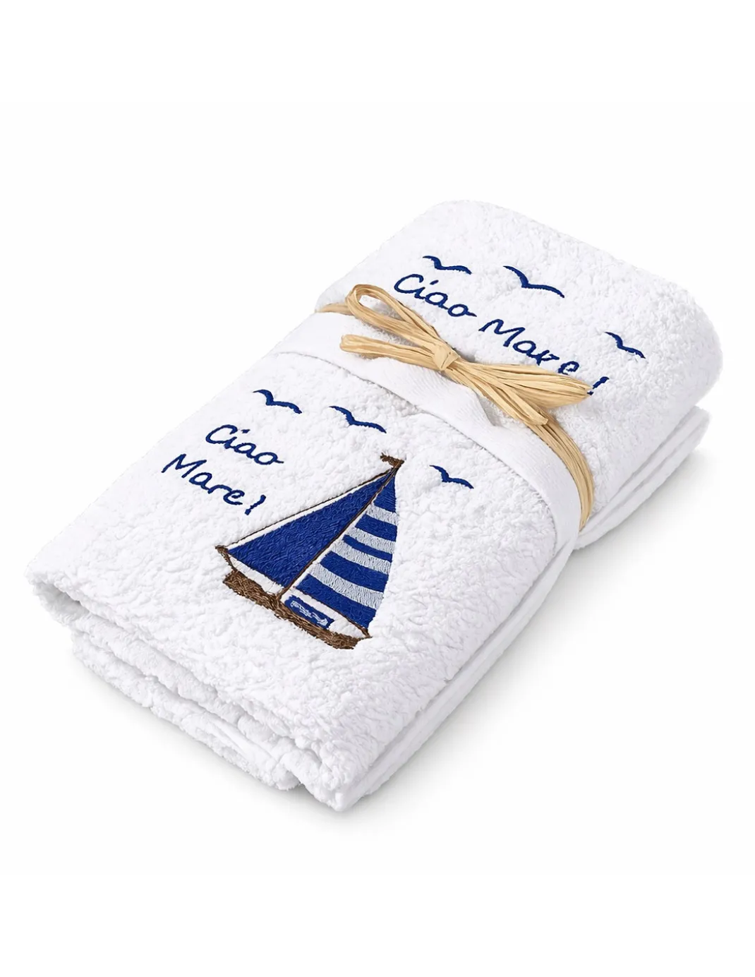Set Asciugamani Bagno Bianco “Ciao Mare” in Spugna 100% Cotone, Ricamo Barca a Vela Blu, Made in Italy, Idea Regalo