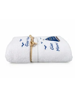Set Asciugamani Bagno Bianco “Ciao Mare” in Spugna 100% Cotone, Ricamo Barca a Vela Blu, Made in Italy, Idea Regalo