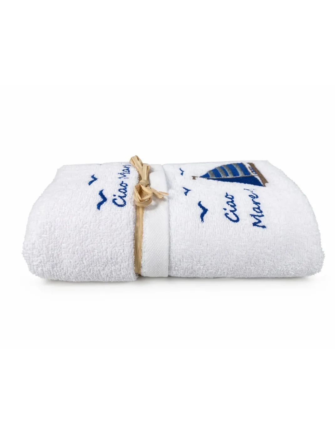 Set Asciugamani Bagno Bianco “Ciao Mare” in Spugna 100% Cotone, Ricamo Barca a Vela Blu, Made in Italy, Idea Regalo