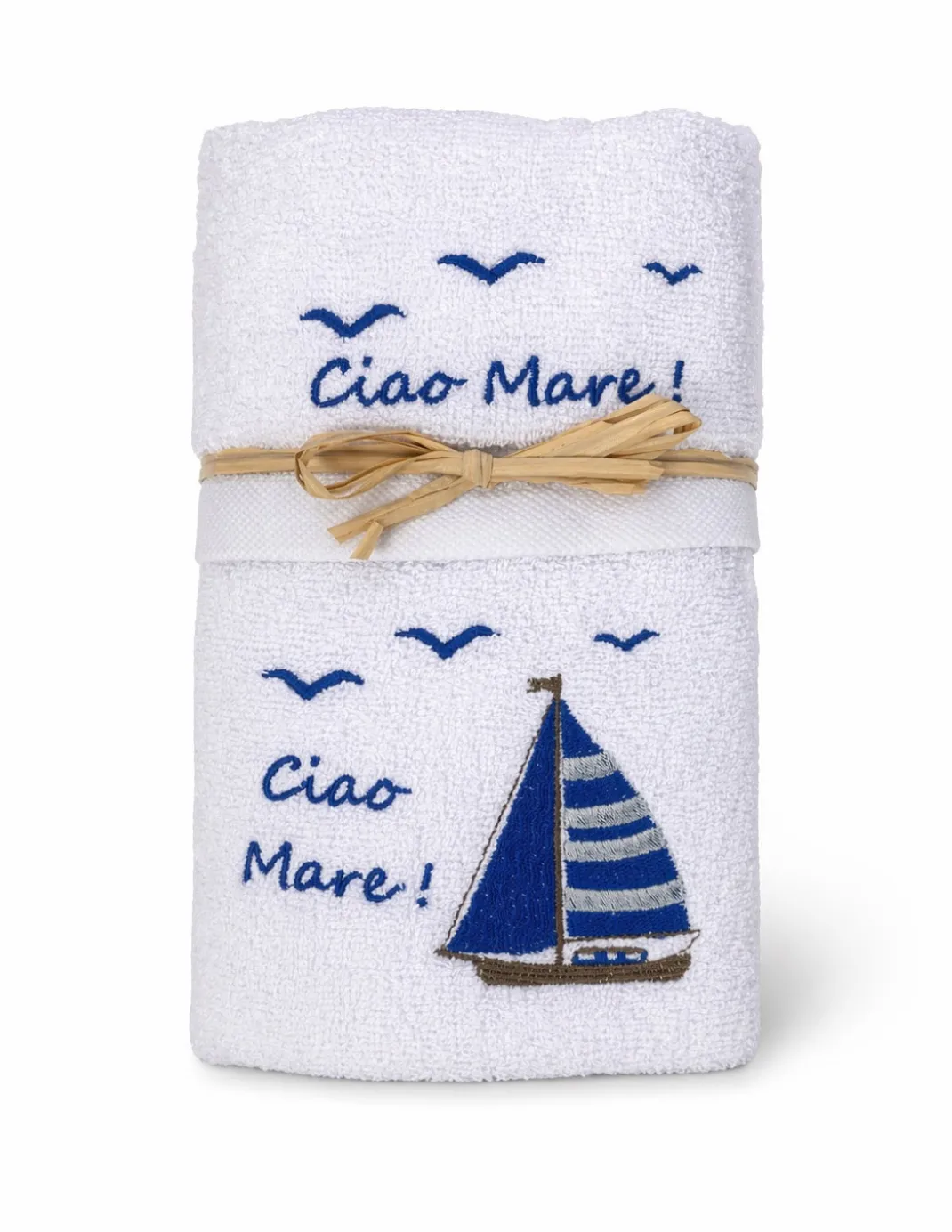 Set Asciugamani Bagno Bianco “Ciao Mare” in Spugna 100% Cotone, Ricamo Barca a Vela Blu, Made in Italy, Idea Regalo