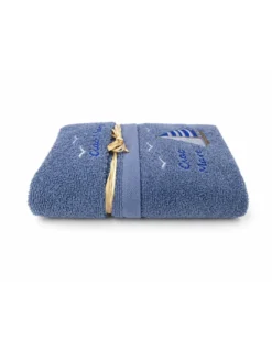 Set Asciugamani Bagno Blu “Ciao Mare” in Spugna 100% Cotone, Ricamo Barca a Vela, Made in Italy, Idea Regalo