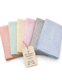 Set Asciugamani Bagno Damasco 6 Pezzi in Cotone, 350 gr/mq, Made in Italy