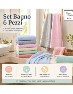 Set Asciugamani Bagno Damasco 6 Pezzi in Cotone, 350 gr/mq, Made in Italy